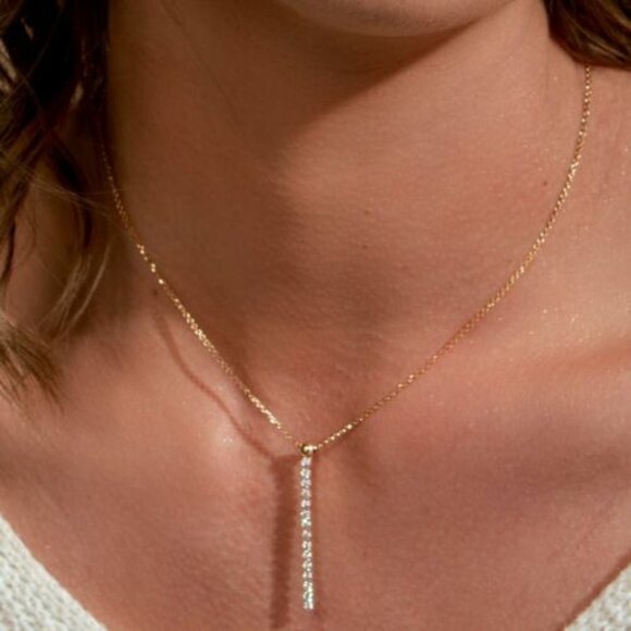 Flash Long Bar Lab-Grown Diamond Pendant - 14k Gold Over  14K YELLOW GOLD OVER 925 STERLING SILVER DROP BAR NECKLACE W/ LAB DIAMONDS